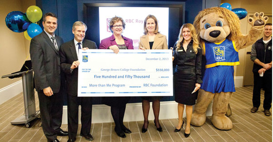Curtis Hitsman, Gordon Cressy, Anne Sado, Jennifer Tory, Suzan Kisa and Leo the Lion. Photo courtesy of RBC Royal Bank