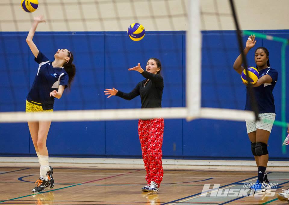 members of the women's volleyball team warm up for the pyjama bowl tournament which raised over $500 for the Childrens Wish Foundation. Photo: Thomas Chung/GBC Athletics