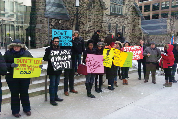 Protesters with the group Stop Unpaid Internship Scams bundle up during a cold picket of an Ontario budget consultation to oppose the growing epidemic of unpaid internships on Feb. 26. Photo: Stop Unpaid Internship Scams