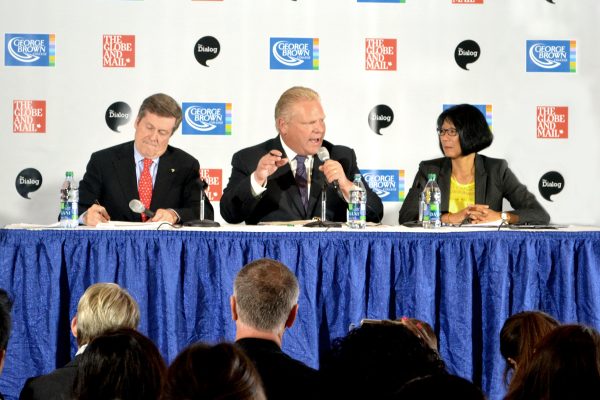 Mayoral candidates John Tory, Doug Ford and Oliva Chow squared off in a feisty debate at George Brown College's Waterfront campus on Wednesday, Oct. 8. Photo: Tina Todaro/The Dialog
