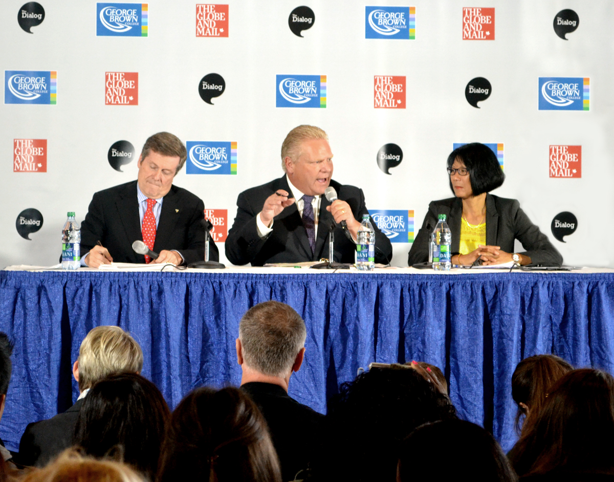 Mayoral candidates John Tory, Doug Ford and Oliva Chow squared off in a feisty debate at George Brown College's Waterfront campus on Wednesday, Oct. 8. Photo: Tina Todaro/The Dialog