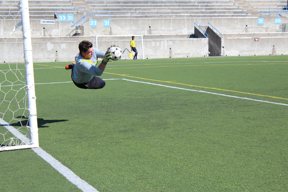 Patrick Sauve of the St. Lawrence College Vikings stops a shot in a 2-2 draw against the George Brown Huskies on Sept. 27. Photo: Brittany Barber/The Dialog