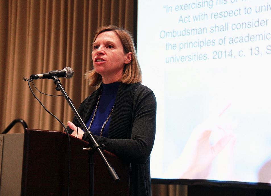 Acting ombudsman Barbara Finlay speaks to student journalists at the Canadian University Press’ national conference in Toronto about the ombudsman’s new oversight of universities.