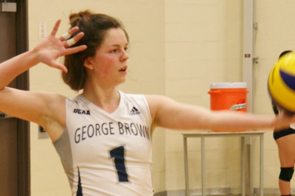 Huskies setter Andrea Lynn Huckins gets ready for a serve in the game against the Durham Lords on Jan. 16. Photo: Steve Cornwell / The Dialog