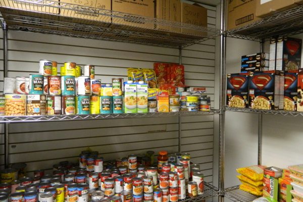 Collection of non-perishable items stored at Student Association Food Bank at St. James campus