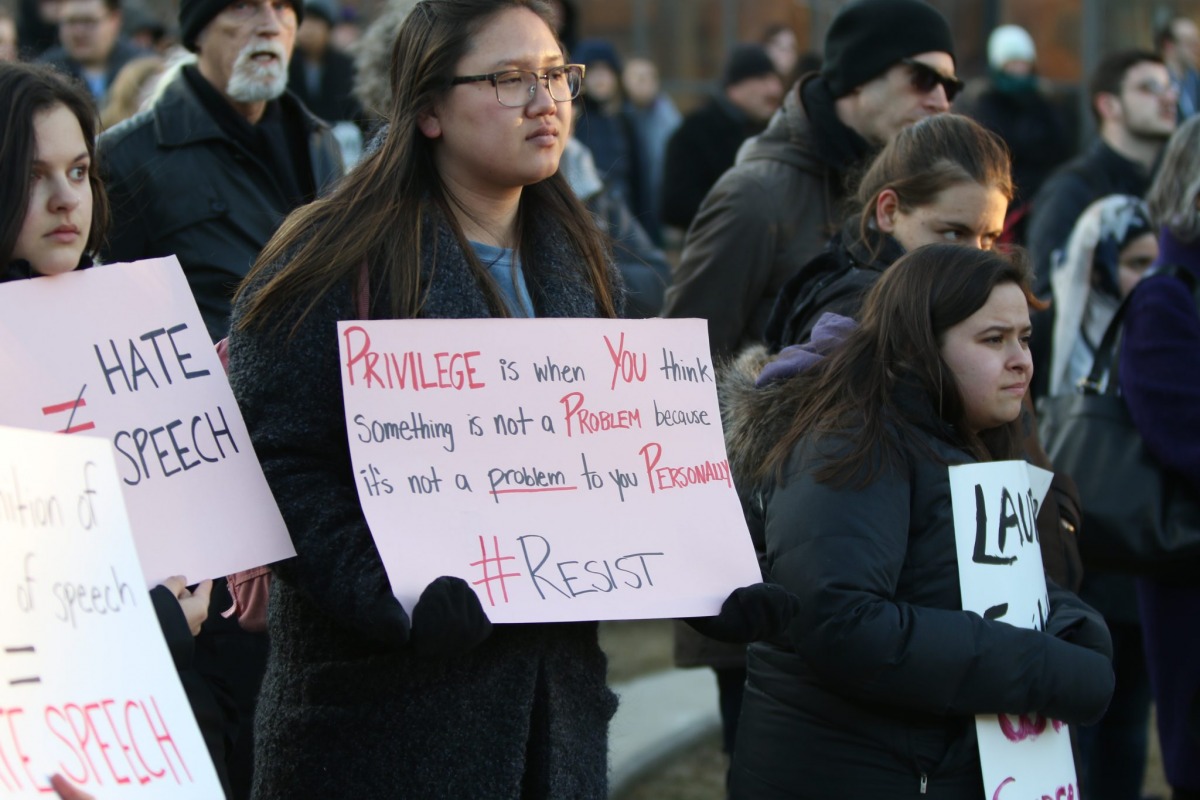 Students and staff held an antiracist rally at Wilfrid Laurier University in Waterloo protesting a talk by Faith Goldy on "Ethnocide: Multiculturalism and European Canadian Identity" and who has appeared on far-right media outlets. Photo: The Cord/CUP