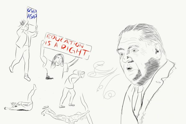Drawing of Doug Ford blowing down student protestors. Ford blowing down students. Illustration by Timo Cheah
