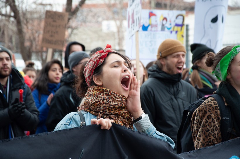 A student chants at a protest in Quebec's student strike against unpaid internships. Photo: Caroline Marsh / The Link.